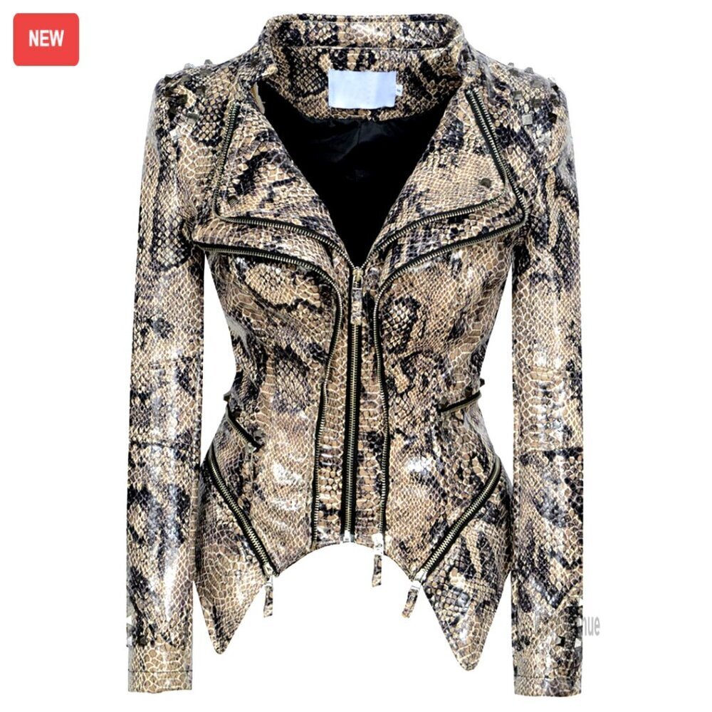 Snake Print Studded Moto Leather Biker Jacket Slim Fit Vintage Collar